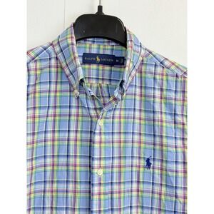 Ralph Lauren Shirt Mens M Blue Multi Check Pony Logo Collared Button Down Preppy